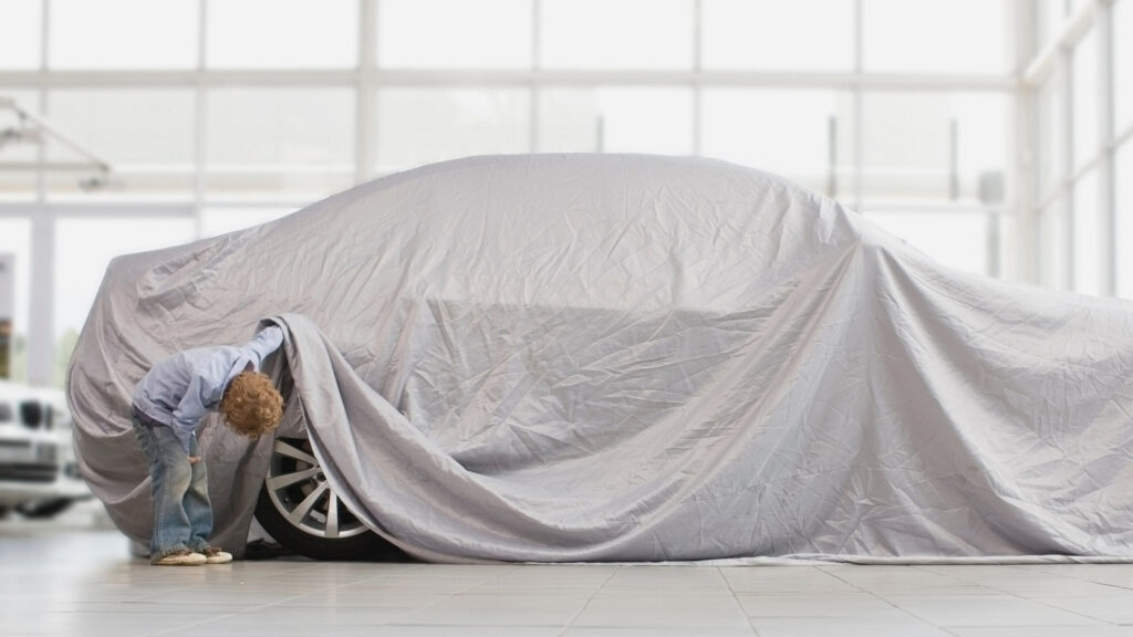 Boy peeking under cloth on car